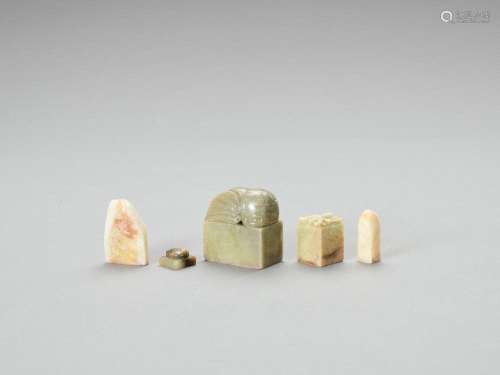 THREE SOAPSTONE AND TWO JADE SEALS, LATE QING TO REPUBLIC