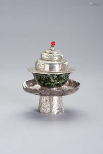 A SILVER AND JADE BUTTER TEA SET