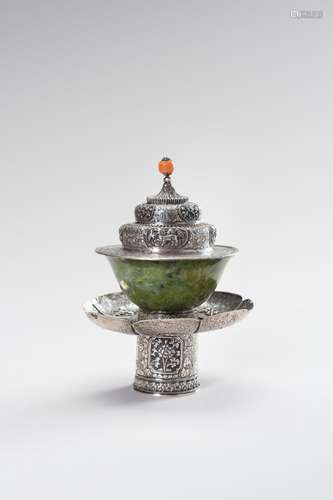 A SILVER AND JADE BUTTER TEA SET