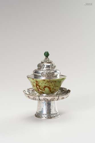 A SILVER AND JADE BUTTER TEA SET