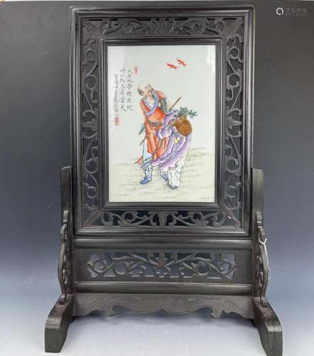 A Chinese Famille Rose Porcelain Plaque Framed in Wood