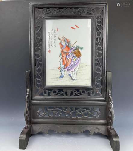 A Chinese Famille Rose Porcelain Plaque Framed in Wood