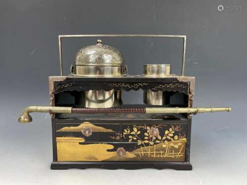 Japanese Lacquer and Metal Box with Silver Holder 19th