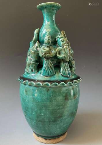 Chinese Antique Turquoise Glaze Vase w Figure