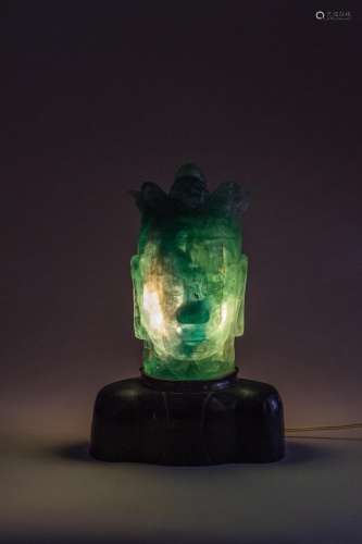 A VERY LARGE GREEN AMETHYST HEAD OF GUANYIN MOUNTED AS A LAM...