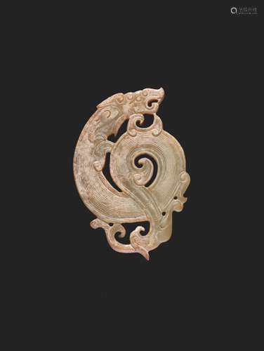 A WELL-DETAILED CARVING OF A DRAGON AND A PHOENIX IN PALE GR...