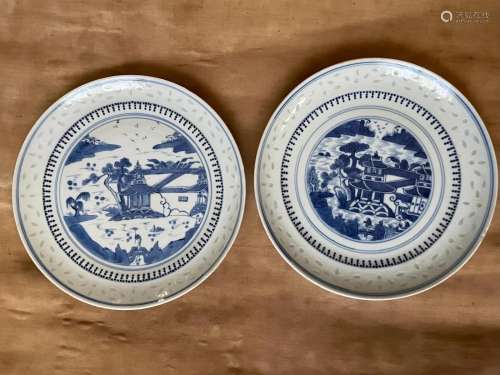 Two Chinese Antique Blue and White Porcelain Plates