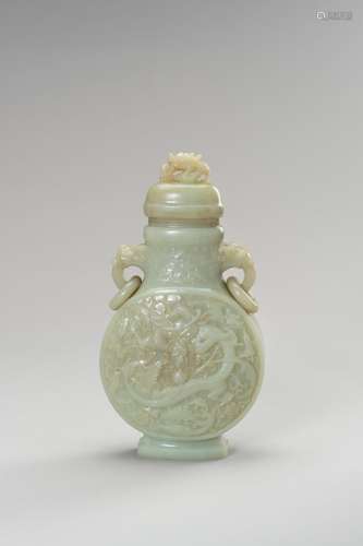 A LARGE CELADON JADE ‘DRAGON’ VASE AND COVER