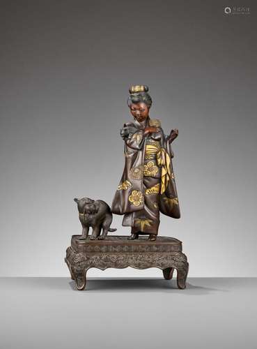 MIYAO: A RARE GOLD-INLAID BRONZE OKIMONO OF A LADY WITH CATS