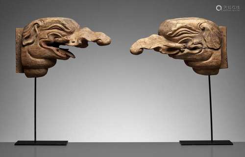 A RARE AND EARLY PAIR OF CARVED WOOD 'BAKU' ARCHITECTURAL EL...