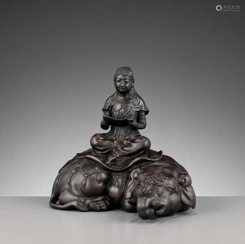 SHIUN: A FINE BRONZE OKIMONO OF FUGEN BOSATSU SEATED ON AN E...