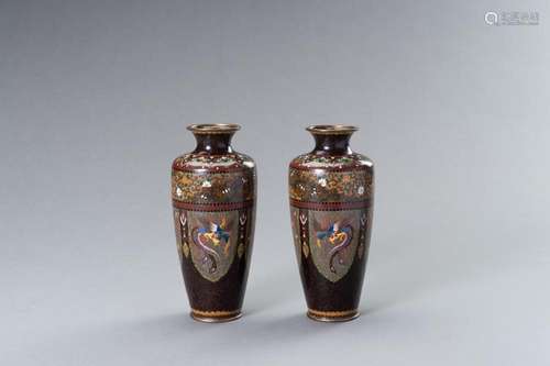 A PAIR OF TWO CLOISONNÉ ENAMEL VASES