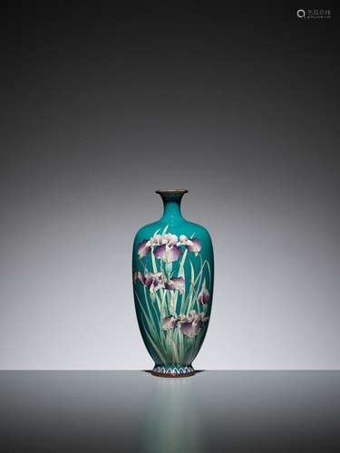 A TURQUOISE CLOISONNÉ ENAMEL VASE WITH IRIS