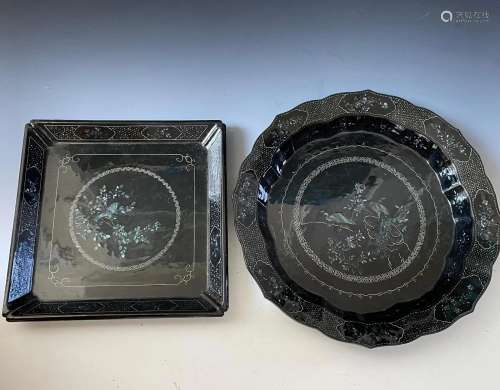 Two Mother Pearl Inlaid Black Lacquer Plates