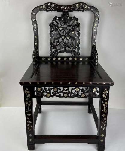 An Antique Hardwood Chair with Mother of Pearl Inlays