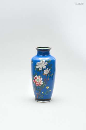 A BLUE CLOISONNÉ ENAMEL VASE WITH PEONIES