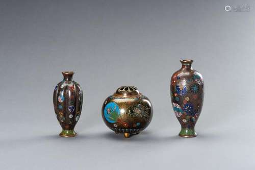 TWO GINBARI CLOISONNÉ VASES AND A CLOISONNÉ KORO (INCENSE BU...