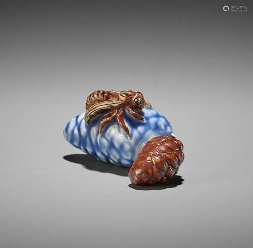 A RARE HIRADO PORCELAIN NETSUKE OF WASP AND PINECONES