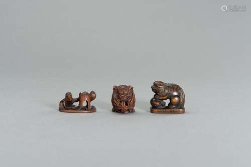 THREE WOOD NETSUKE OF MYTHICAL BEINGS