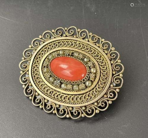 An Antique Coral Brooch Marked Silver 925