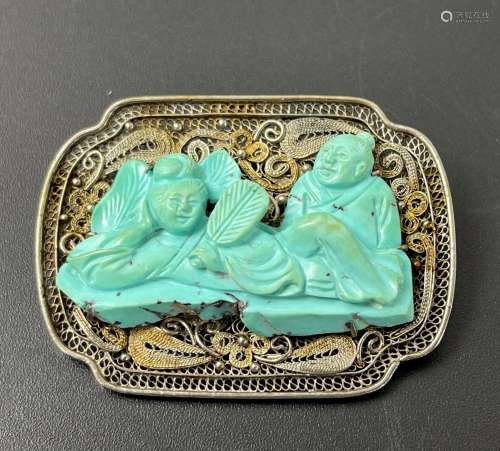 A Chinese Antique Turquoise Silver Brooch Marked