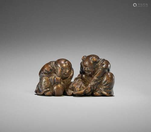 A RARE BAMBOO NETSUKE OF KANZAN AND JITTOKU WITH DRUNKEN MIN...