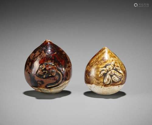 TWO GLAZED CERAMIC (YAKIMONO) NETSUKE OF CHESTNUTS WITH SMAL...