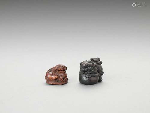 TWO WOOD NETSUKE OF SHISHI