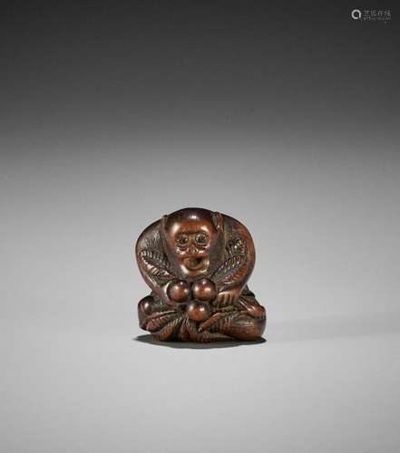 GYOKUZAN: A WOOD NETSUKE OF A MONKEY WITH BIWA (LOQUATS)