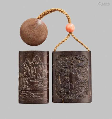 MORIMITSU: A VERY RARE COCONUT SHELL THREE-CASE SAYA INRO WI...