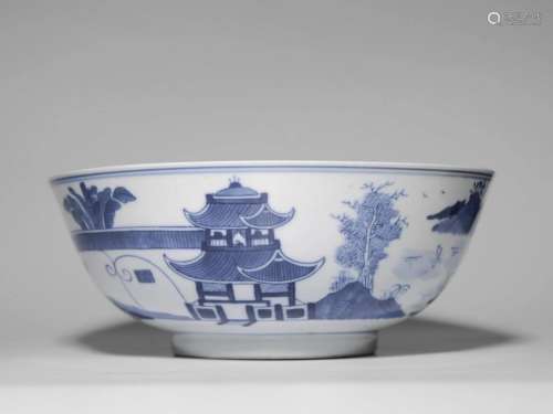 Blue-and-white Bowl with Pavilions Pattern