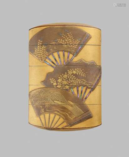 A GOLD LACQUER FOUR-CASE INRO DEPICTING FANS