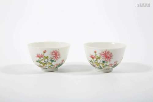 Pair Famille Rose Cups with Chrysanthemum Patterns