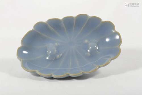 Blue Glazed Dish with Lotus Leaf Design and Pattern of