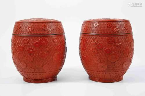 Carved Red Lacquer Covered Jar with Small Round Flowers