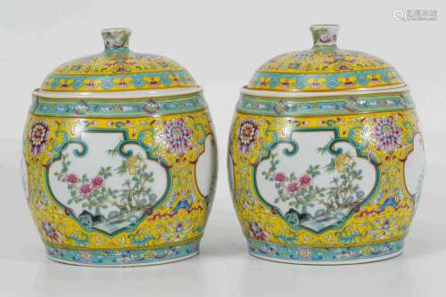 Pair Famille Rose Covered Jars with Plum Blossom,