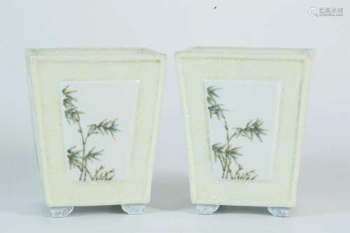 Square Pots with Reserved Bamboo Patterns (Pair)