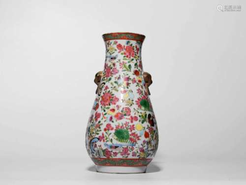 Famille Rose Zun-vase with Floral Design and Lions with