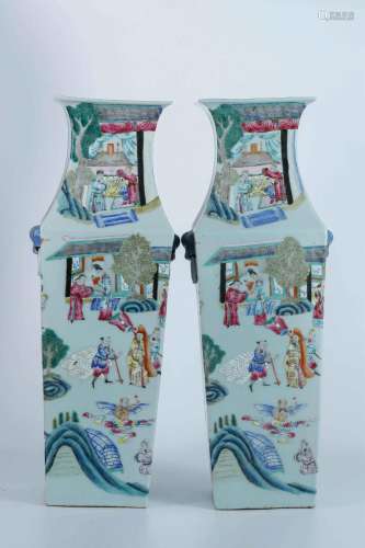 Famille Rose Square Vases with Figure Story Design