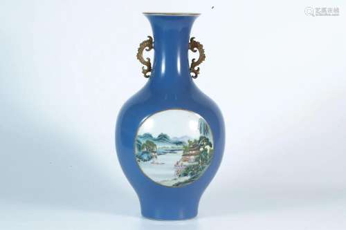 Sky Blue Glazed Vase with Double Dragon-shaped Ears