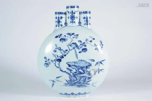 Blue-and-white Oblate Vase with Flowers and Birds