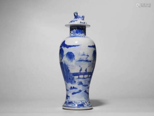 Blue-and-white Covered Vase with Landscape Pattern and