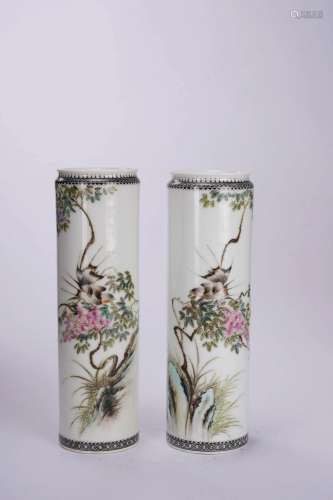 Pair Light-reddish-purple Porcelain Vases with Flower