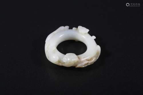 White Jade Ring with Two CHI Dragons Design