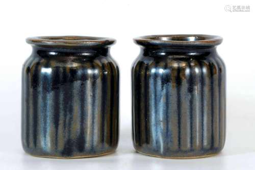 Pair Black Glazed Jars with Lines Design