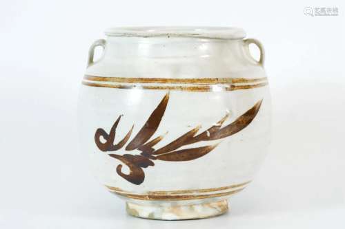 Brown Colored Jar with Floral Pattern on a White Ground