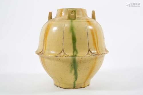 Yellow and Green Colored Jar with Lotus Flower Design