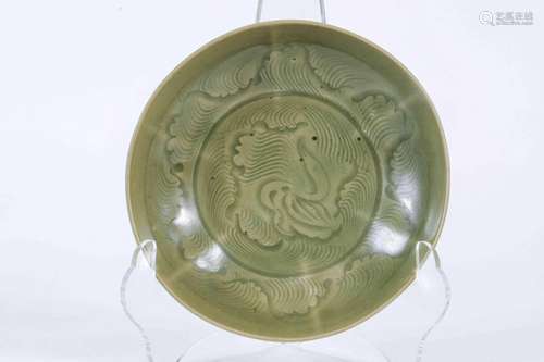 Celadon Glazed Dish with Carved Goose Shape Pattern,