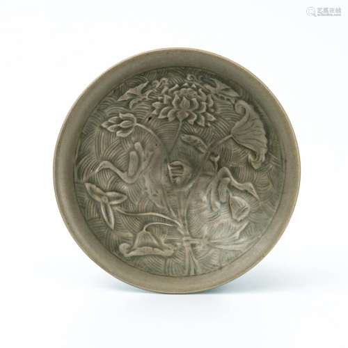 Celadon Glazed Bamboo Hat-shaped Bowl with Lotus Pool