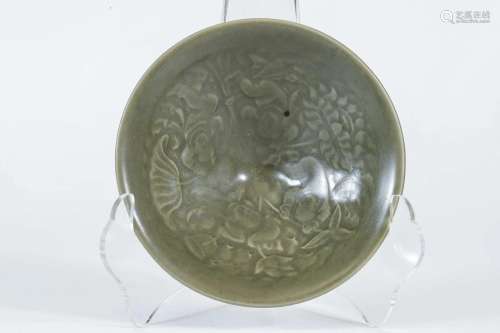 Celadon Glazed Bowl with Kid Holding Lotus Pattern,